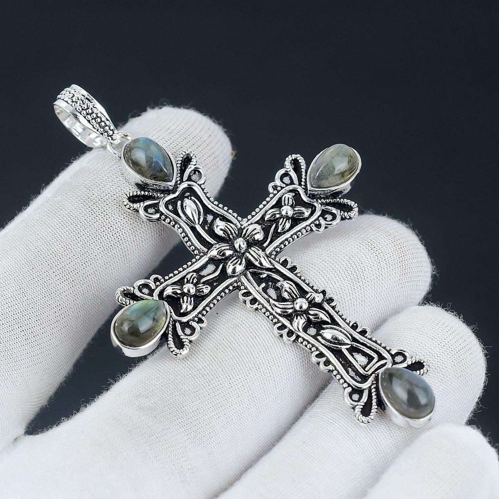 Подвеска из драгоценного камня Лабрадорит Натуральный драгоценный камень Лабрадорит Ручная работа Подвеска-крест из стерлингового серебра 925 пробы для подарков Подвеска для нее, женские украшения
