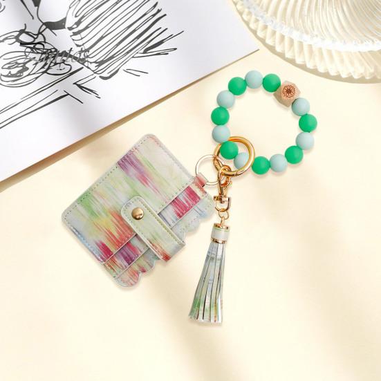 Брелок на запястье с блокировкой RFID и 6 отделениями для карт, браслет с кисточками и бусинами, брелок из искусственной кожи