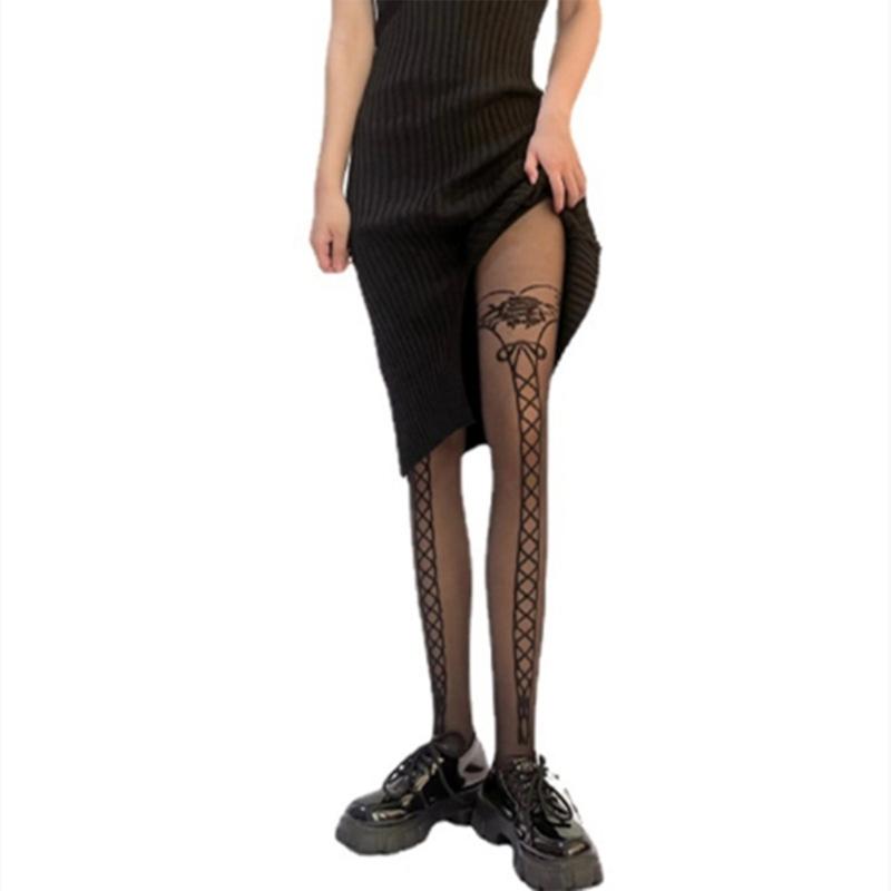 Women Jacquard Pattern Patchwork Mock Suspender Tights Sexy Faux Thigh High Socks JK Girls Black Pantyhose Stockings