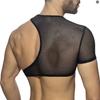 Мужской эротический топ Черная сетка С вырезами Односторонний Без груди С короткими рукавами Из лакированной кожи Сексуальный жилет