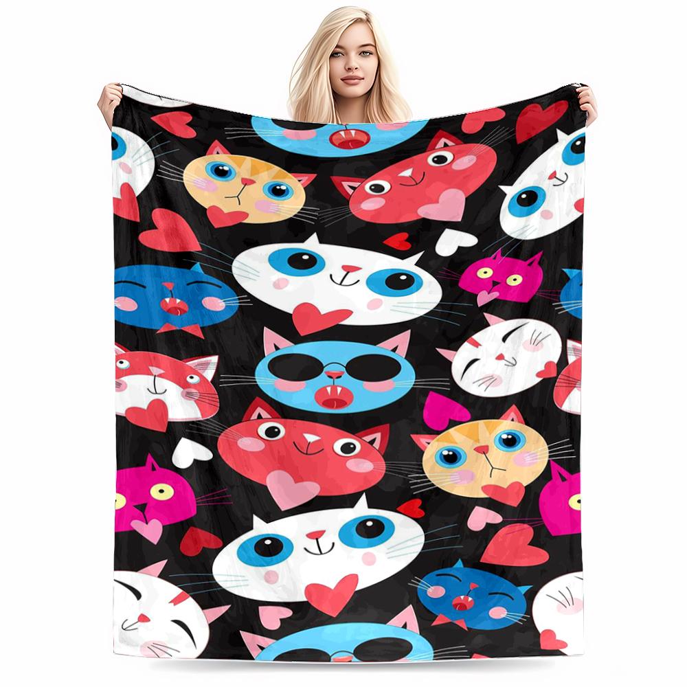 Colorful Cartoon Cats and Hearts DesignFlannel blanket for bedroom, living room, sofa, and nap