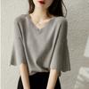Micro Petal Sleeve V-neck Pullover Top Women's Summer Knitted T-shirt Loose Short Sleeve Ice Silk Knitted Shirt Thin Women