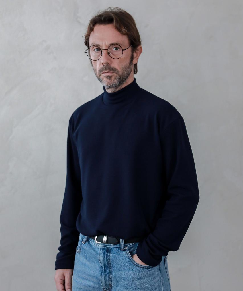 ESN Ribbed Half-Turtleneck Knit T-Shirt Navy