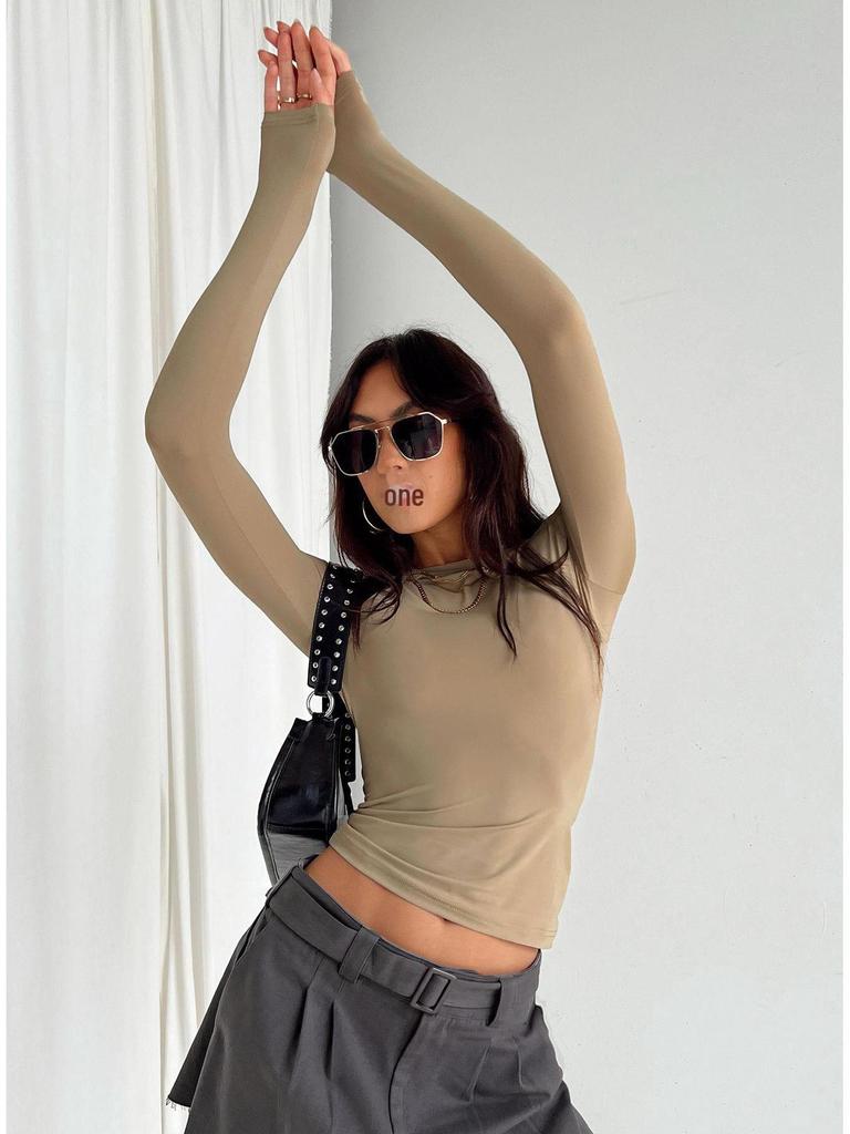 2023 Женская футболка с длинным рукавом, приталенная, нестандартная, однотонная, с круглым вырезом