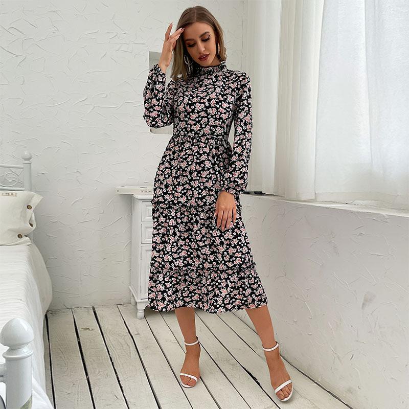 Темперамент и элегантность Верхняя одежда Осень и зима Женские платья средней длины с полувысоким воротом и плиссировкой с принтом