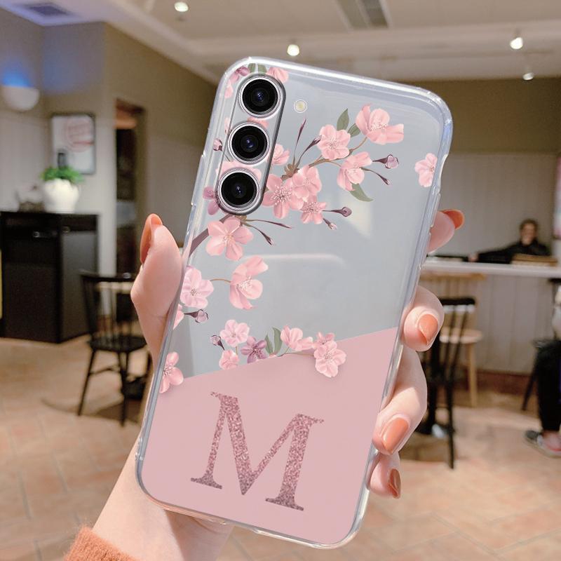 Для Samsung Galaxy A25 A14 A24 A34 A54 A15 A56 A06 A17 Чехол для телефона Обложка Буква A Z Розовые Цветы Прозрачный Мягкий Задний TPU Fundas Чехол