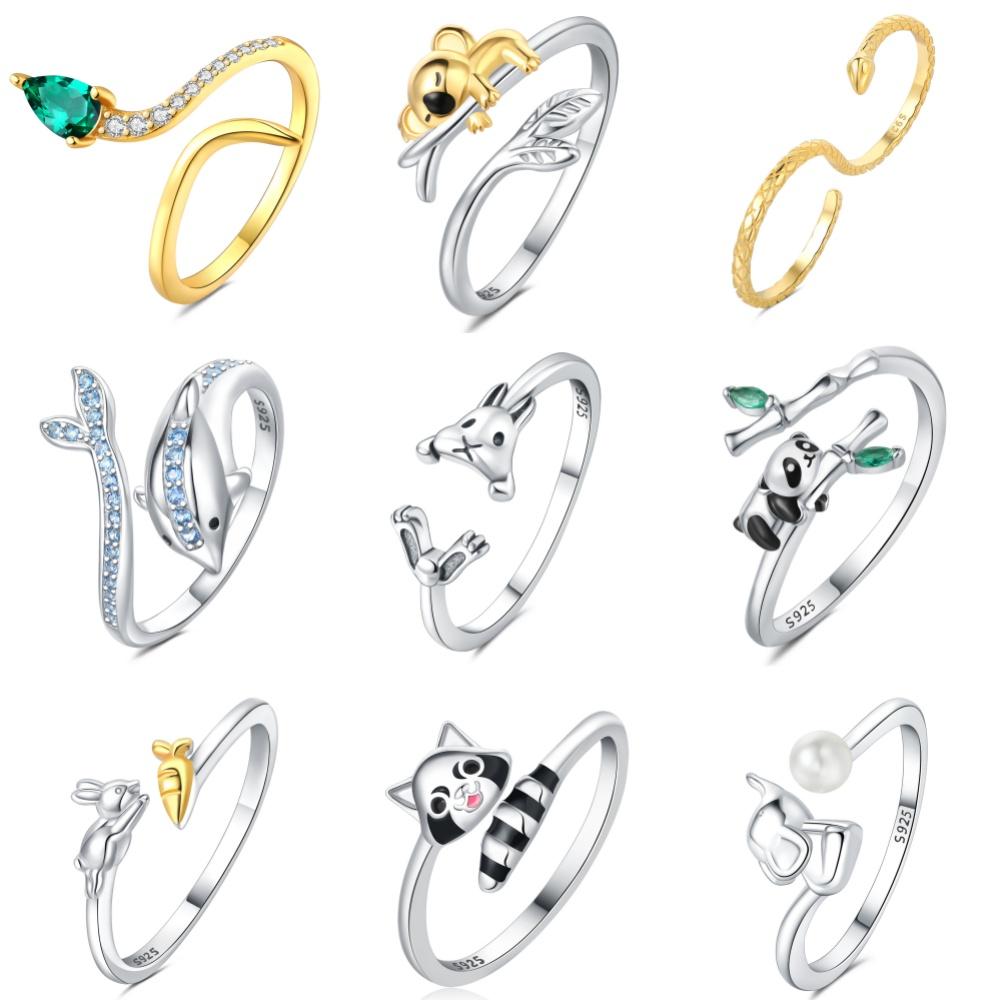 Кольца из стерлингового серебра 925 пробы с кроликами, пандами и животными, открывающиеся, для женщин, регулируемое кольцо на палец, украшения для личности девушки, подарки для вечеринок 2025