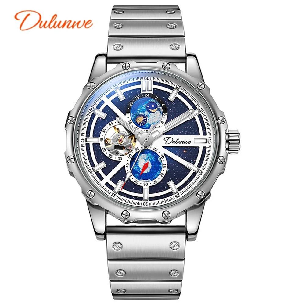 Dulunwe Мужские автоматические механические полые механические часы звездное небо наручные часы водонепроницаемые деловые наручные часы