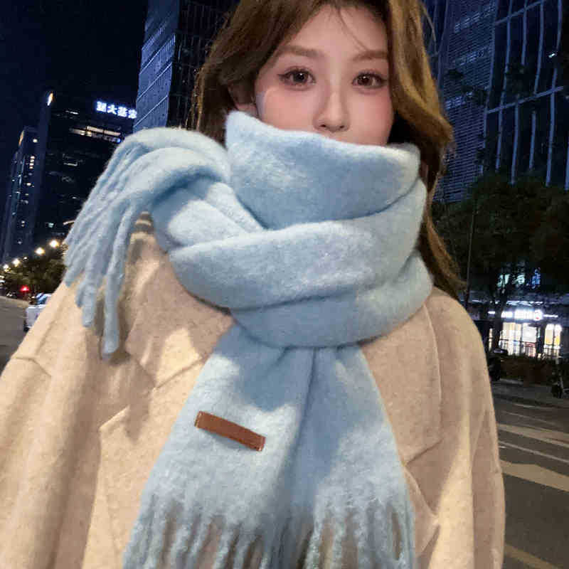 Оригинальный однотонный шарф из смеси шерсти Ice Blue Girl, женский зимний теплый корейский шарф