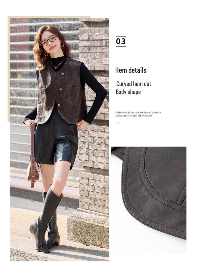 Women's Short Sheepskin Leather Motorcycle Vest - Autumn/Winter Korean Style Outerwear