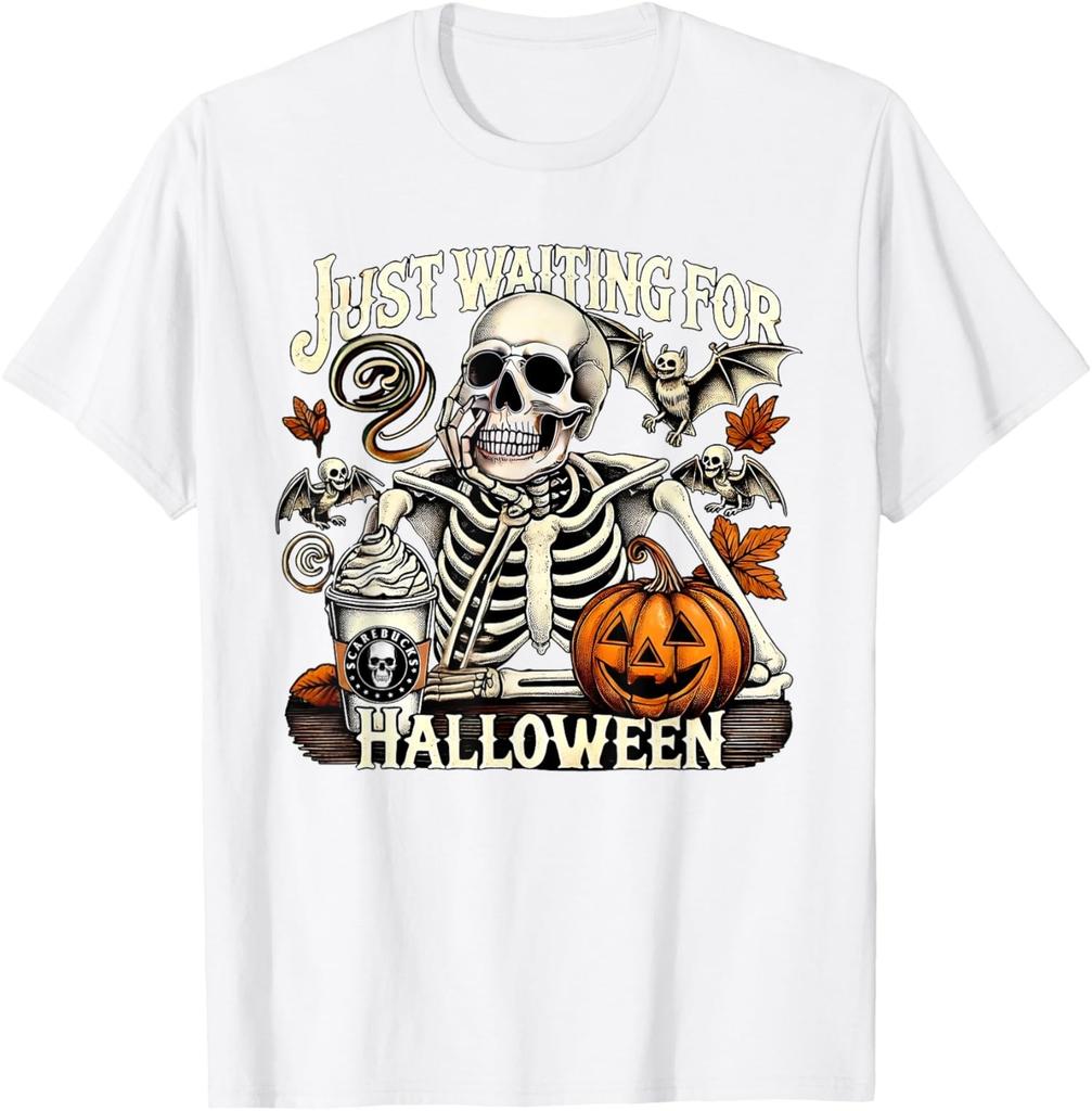 Waiting For Halloween Skeleton Coffee Pumpkin Design Unisex T-Shirt