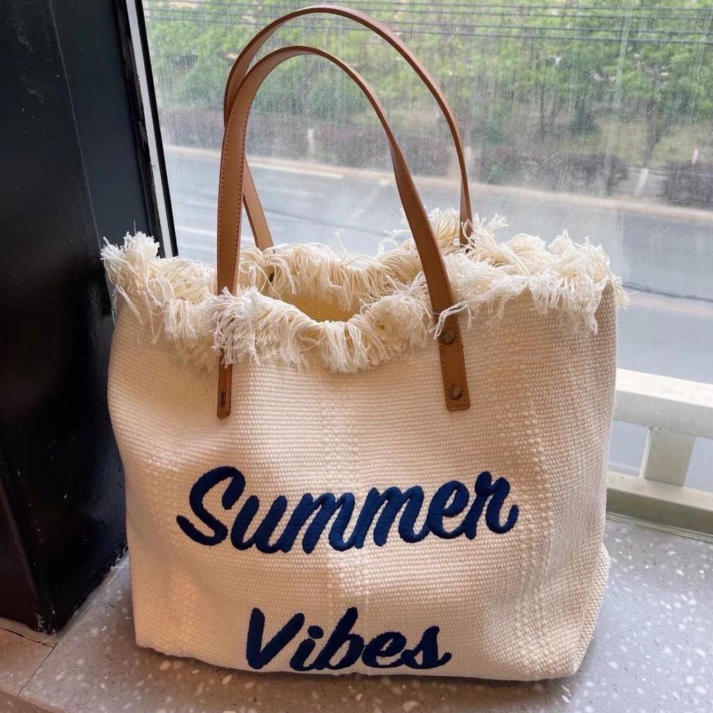 Large Capacity Handbag Woman Bag Design Simple Travel Beach Tote Bag Tassel Letter Embroidery Fashion Shoulder Bags 2025