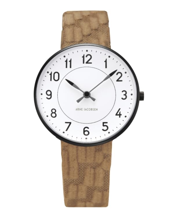 ARNE JACOBSEN X Mina Perhonen 34mm Scandinavian Design Watch with Land Puzzle Strap, STATION 53411-1684S, White and Brown