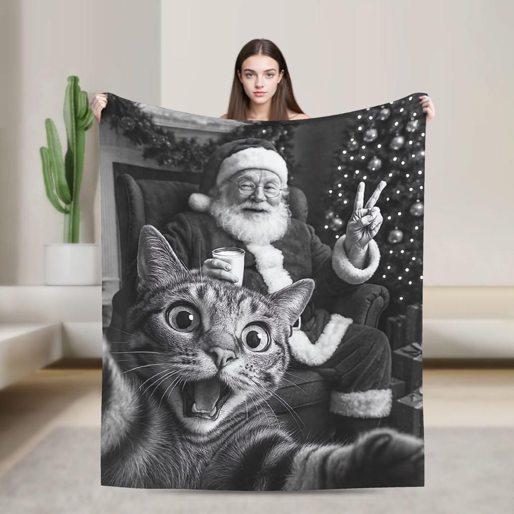 Cat Selfie with Santa Soft Warm Blanket Children Plush Throw Blanket Funny Couch Bed Flannel Bedspread Sofa Bed Cover