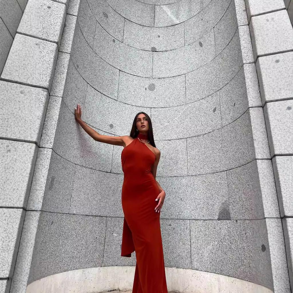 Women's Summer Temperament Oblique Shoulder Sexy Slim Backless Strap Long Dress