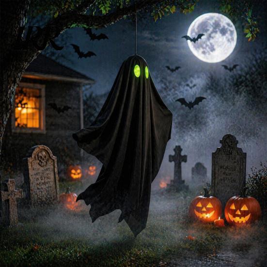 Outdoor Hanging Ghost Halloween Decoration, Spooky Black Fabric with Green Party Supplies Eyes for Outside Tree, Porch, Yard, Lawn, Haunted