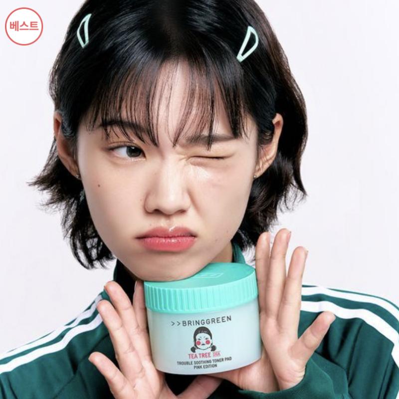 [BRINGGREENxSquid game] Успокаивающий тонер Tea Tree Cica, розовая версия, 90 шт., сменный блок, 90 шт., Squid Game2 Young Hee, очищающая повязка для лица