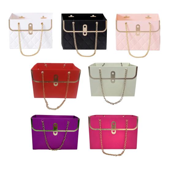 Flower Paper Gift Box with Metal Chain Bouquet Storage Bucket Small Florist Handbag Gift Craft Wrap Bag for Wedding Party Bridal Shower