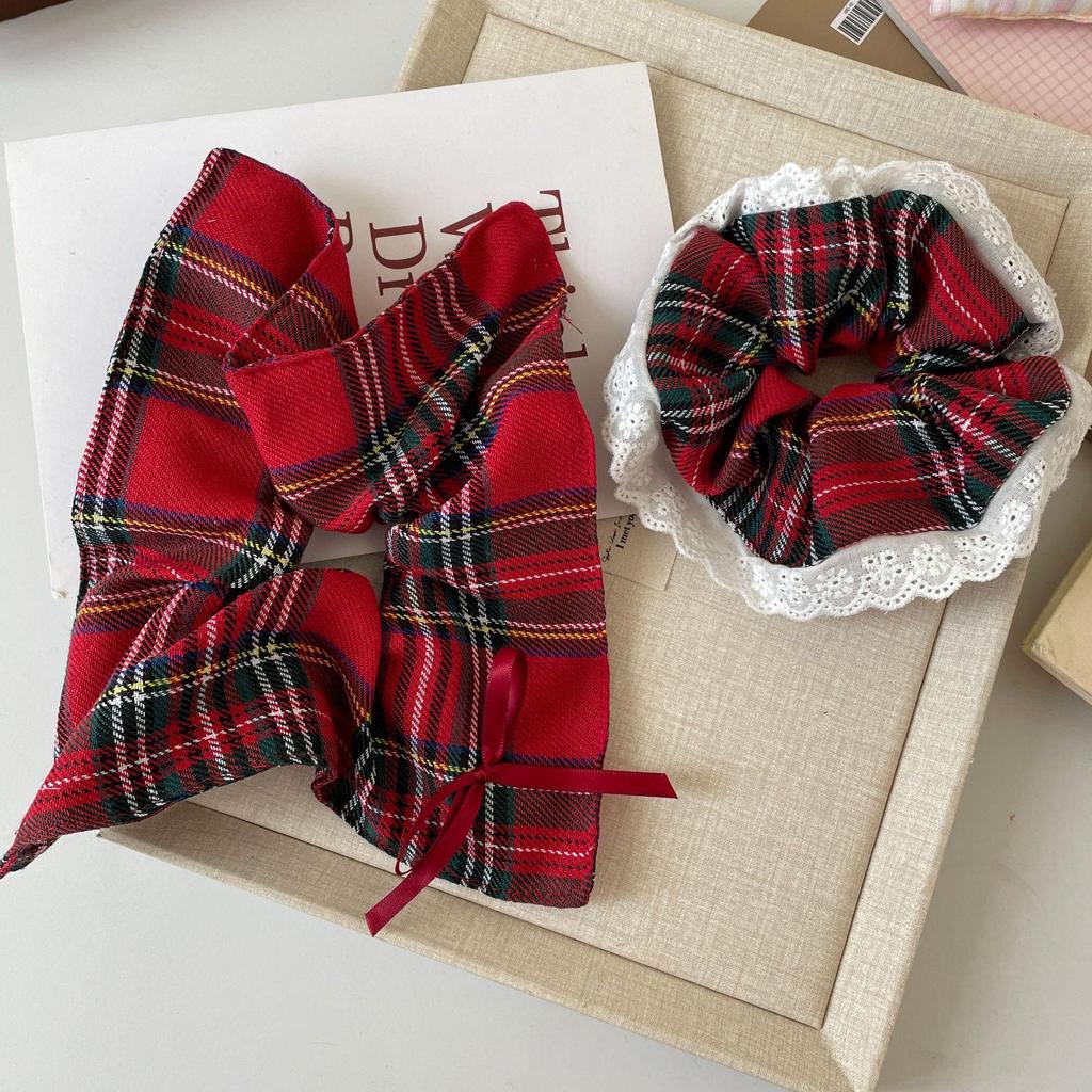 Клетчатый рождественский шарф-скранчи с кружевной отделкой - Красная женская резинка для волос
