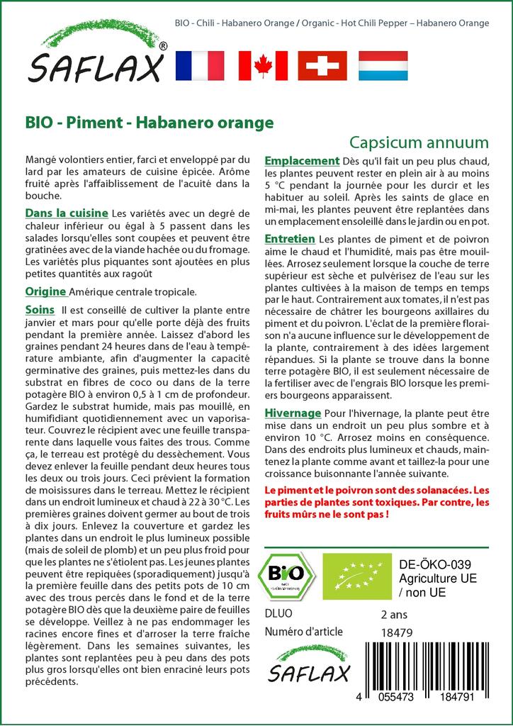 SAFLAX Garden in the Bag - Органический - Острый перец чили - Апельсин Хабанеро - 20 семян - С субстратом в подходящем стоячем пакете - Capsicum annuum