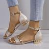 Women Sandals Summer Heels Casual Shoes Women Open Toe Summer Gold Shoes Square Female Ankle Strap Low Heels Footwear Woman