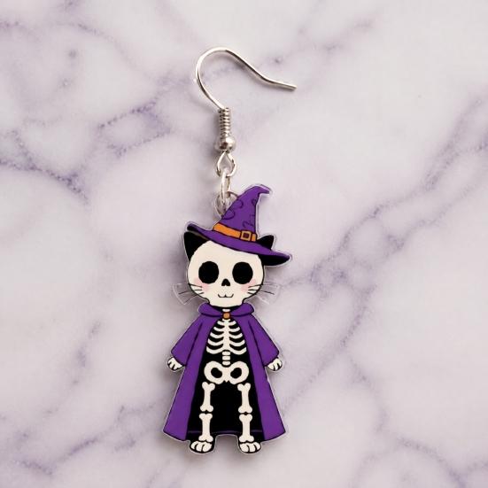Acrylic Dangle Earrings 1 Pair Halloween Skeleton Cat Drop for Women, Witch Hat Skull Hoop Earring, Theme Jewelry Gift Sweet Cool