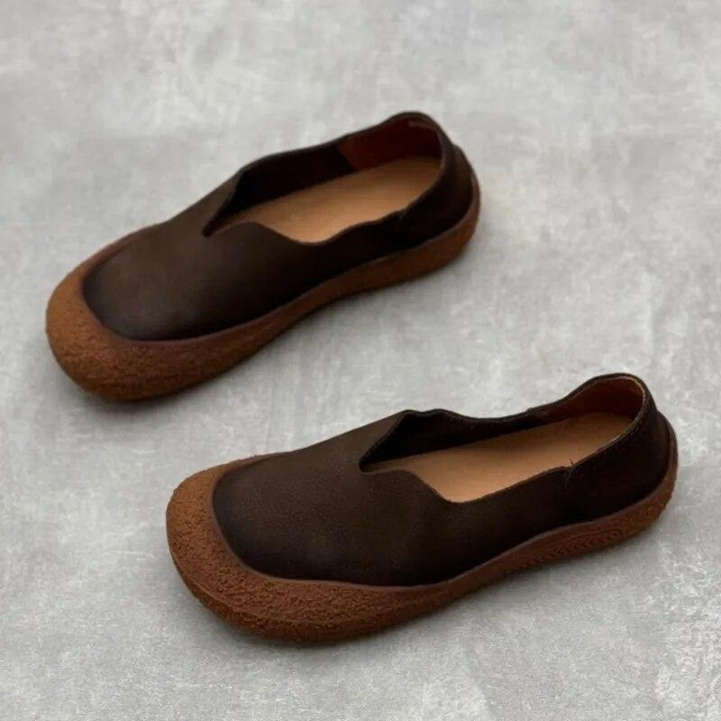 Johnature Retro Handmade Loafers Genuine Leather Flat Shoes Casual Versatile Soft Cowhide Women's Slip-on Shoes
