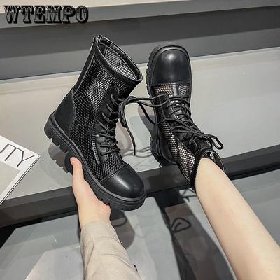 Летние ботинки на шнуровке в сетку, дышащие женские ботинки с высоким каблуком, красные полые ботинки, студенческие сапоги в сетку