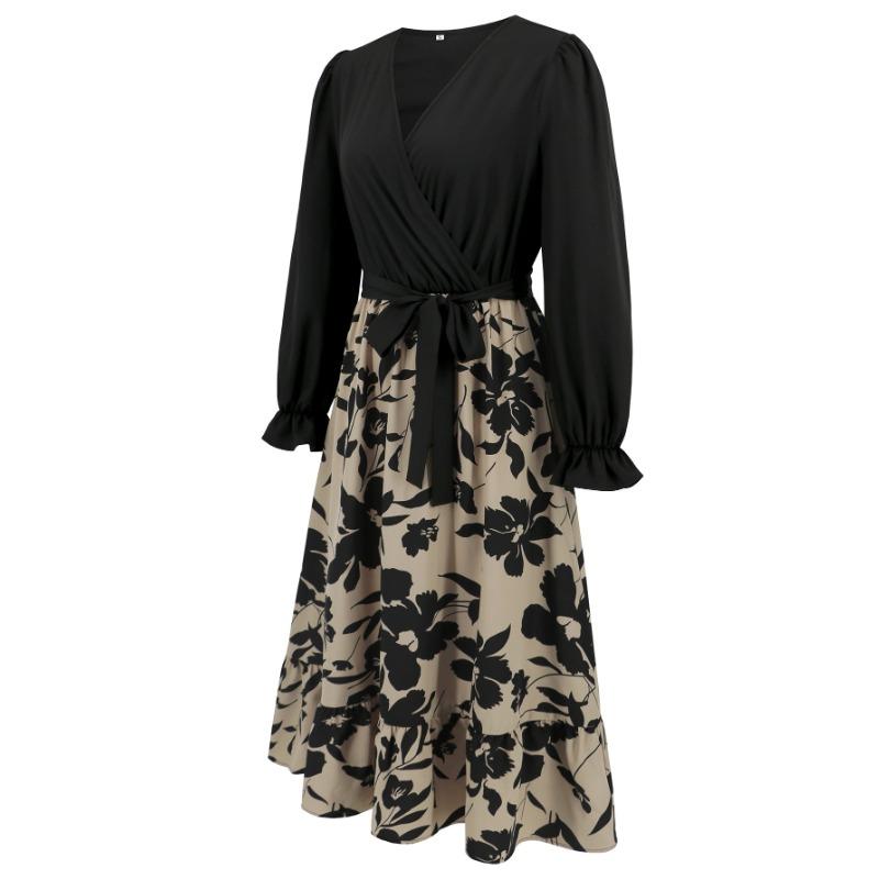 Весенне-осеннее женское платье трапециевидной формы с v-образным вырезом и длинным рукавом с принтом