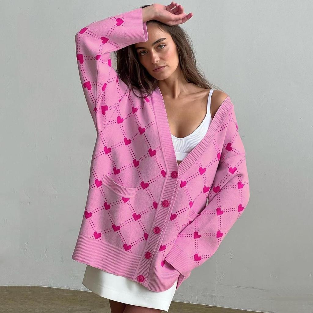 TAOVK Женские вязаные кардиганы, женские свитера с v-образным вырезом и сердечками, свободные повседневные трикотажные изделия с карманами, джемперы Kawaii, Лидер продаж