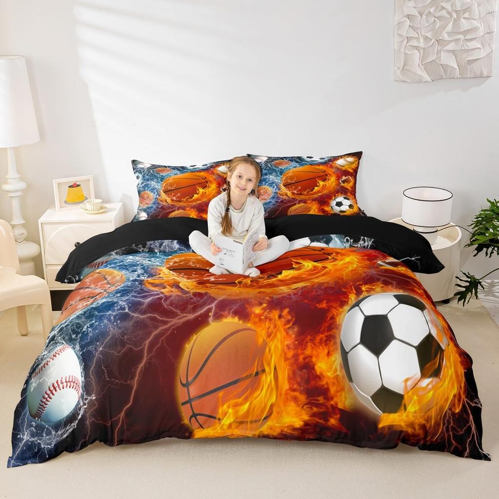 Erosebridal Sports Bedding Set for Boys Twin,Baseball Soccer Football Basketball Duvet Cover Sport Gaming Comforter Cover for Kids Teens Men