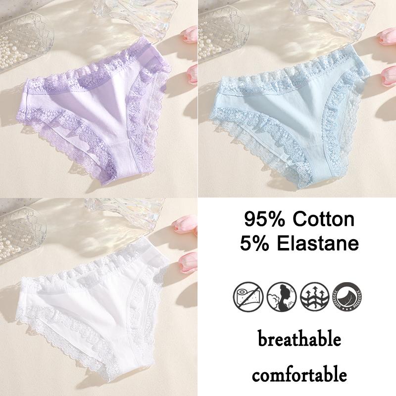 FINETOO 3PCS/SET Women Cotton Printing Panties Seamless Lace Panties Low Rise Briefs Comfortable Sexy Lingerie Intimates Panties