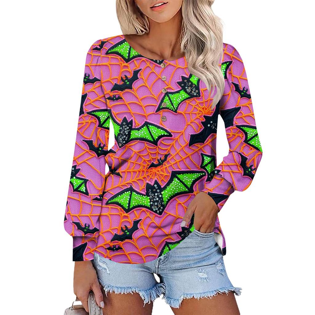 Women's Long Sleeve Round Neck T-Shirts Halloween  Print Puff Sleeve Shirts Button Blouses Tops