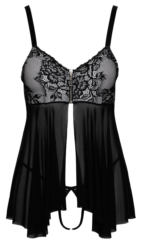 Cottelli LINGERIE - Sexy Open Chemise with Lace + Crotchless Thong XL