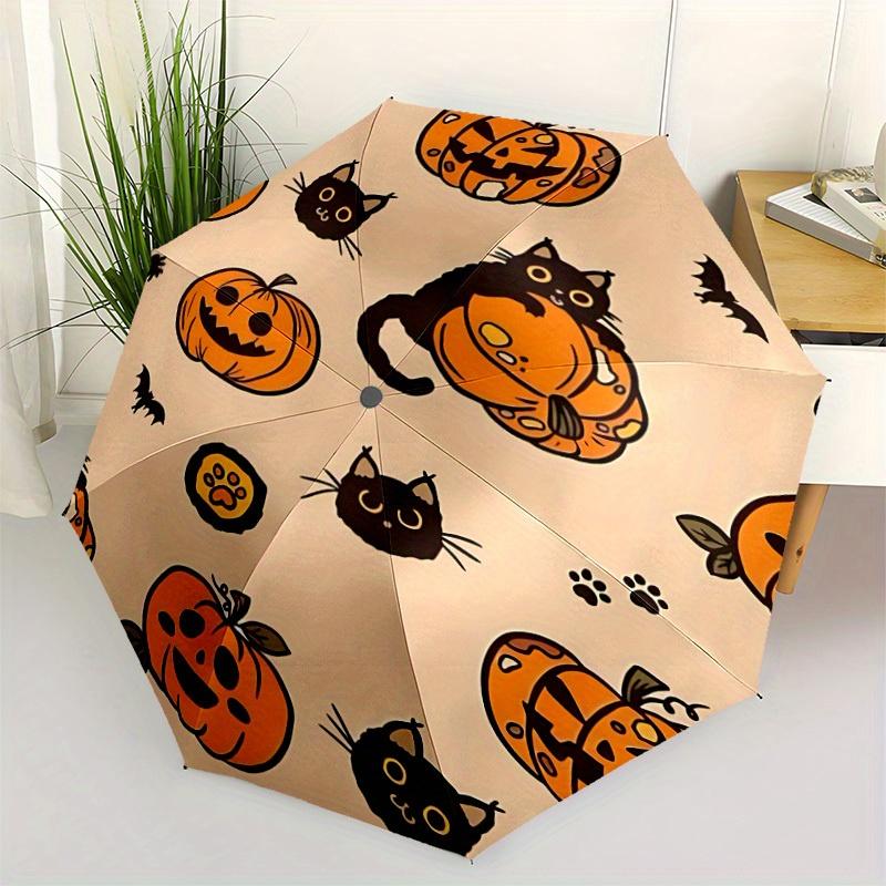 1pc Pumpkin Cats Automatic Umbrella - Auto Open/Close Folding Umbrella with Reinforced 8-Rib Frame, 095