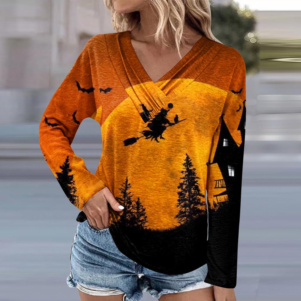 Женская туника с длинным рукавом, свободные топы, повседневные топы оверсайз, плиссированная туника на пуговицах, повседневные осенние женские топы с принтом на Хэллоуин