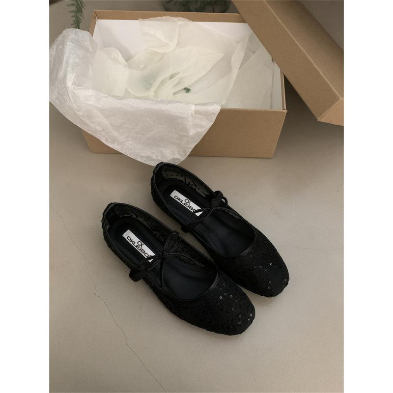 Нежный вечерний бриз, балетки с бантом для девочки, 2025, новые туфли-лодочки с ажурной сеткой и вышивкой, одинарные туфли