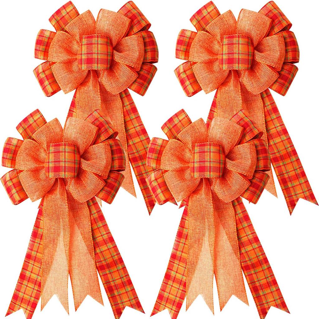 Large Fall Thanksgiving Wreath Gift Bow Orange Buffalo Plaid Check Wreath Swag Bow Wreath Pre-Tied Bow for Fall Thanksgiving Christmas Home Indoor