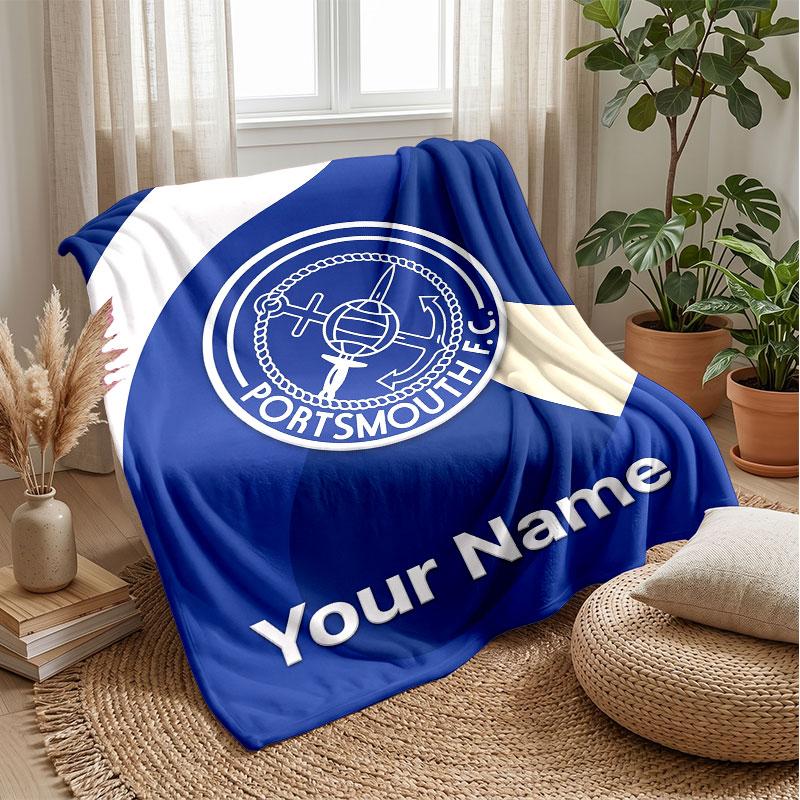 Portsmouth FC Custom Name Text Flannel Blanket Soccer Logo Personalized Fleece Throw Blanket Special Gift For Sofa Bedroom Home