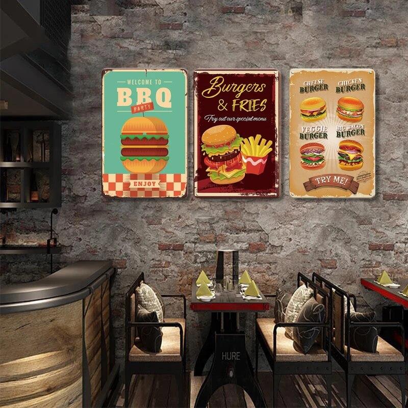 Mfoever Burger Sign Best In Town Beef BBQ Vintage Decor Hotdogs Kitchen Decorations Wall Plaque Retro Decor Vintage Food Sign