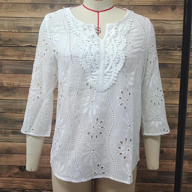 Осень Новая Свободная Блузка с V-образным Вырезом Элегантная Повседневная Вышивка Кружево Длинный Рукав Белый Топ Повседневная Ажурная Женская Рубашка