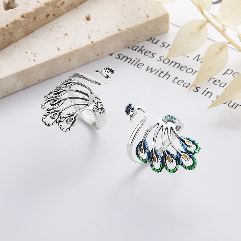 Adjustable Open Ring Men Women Vintage Ethnic Peacock Design Copper Plated Retro Boho Finger Jewelry