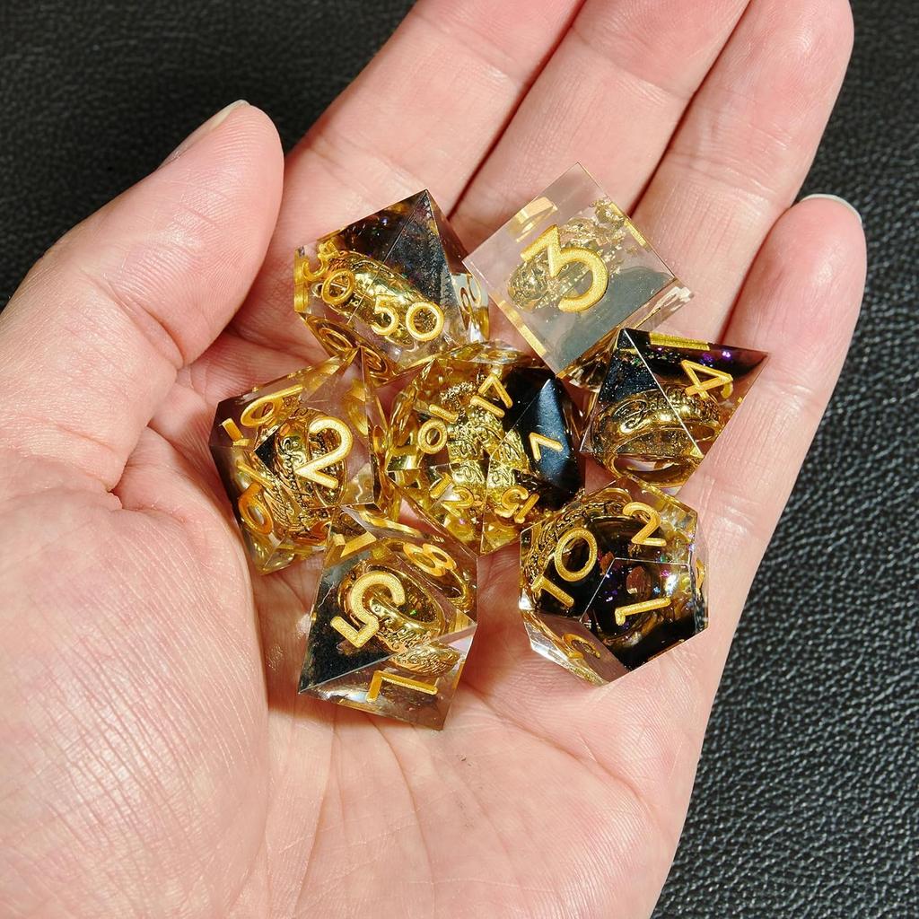 DND Dice Set Magic Rings Sharp Edge Resin Dice with Metal Box, Transparent Dice Handmade Lightning Polyhedral for RPG, MTG Dice Pathfinder Shadowrun