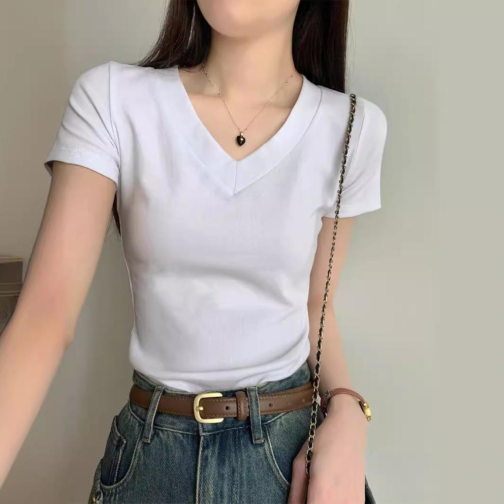 Simple Solid Color V-neck Front Shoulder Short-sleeved T-shirt for Women's Summer New Slim Fit Basic Student Top
