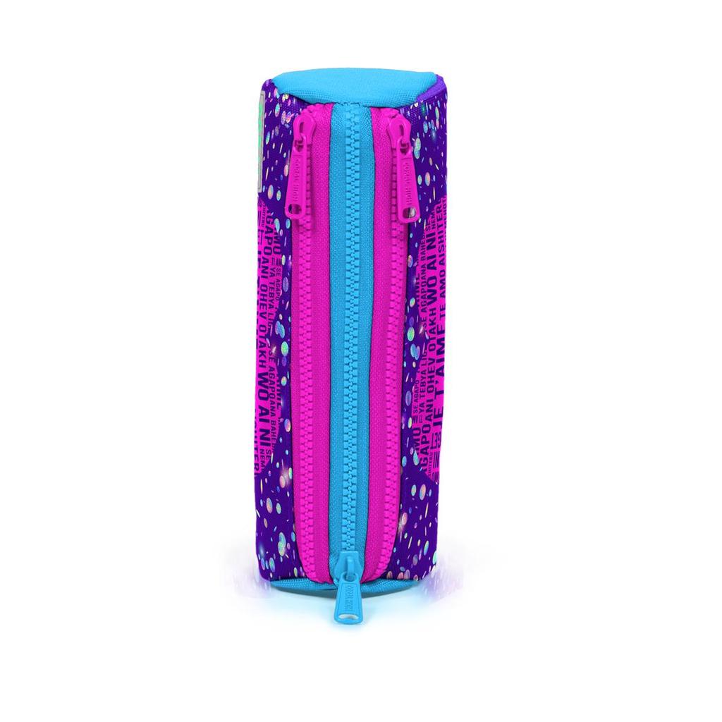 coral high Kids Purple Blue Pink Heart Patterned Three Compartment Pencil Bag 22040