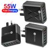 Быстрое шестипортовое мобильное зарядное устройство 55 Вт QC 3.0 с PD, USB-портами, совместимостью с EU/US/UK
