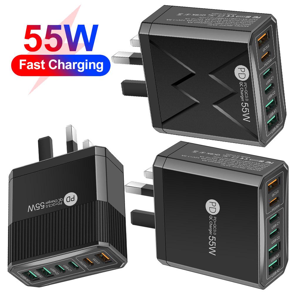 Быстрое шестипортовое мобильное зарядное устройство 55 Вт QC 3.0 с PD, USB-портами, совместимостью с EU/US/UK
