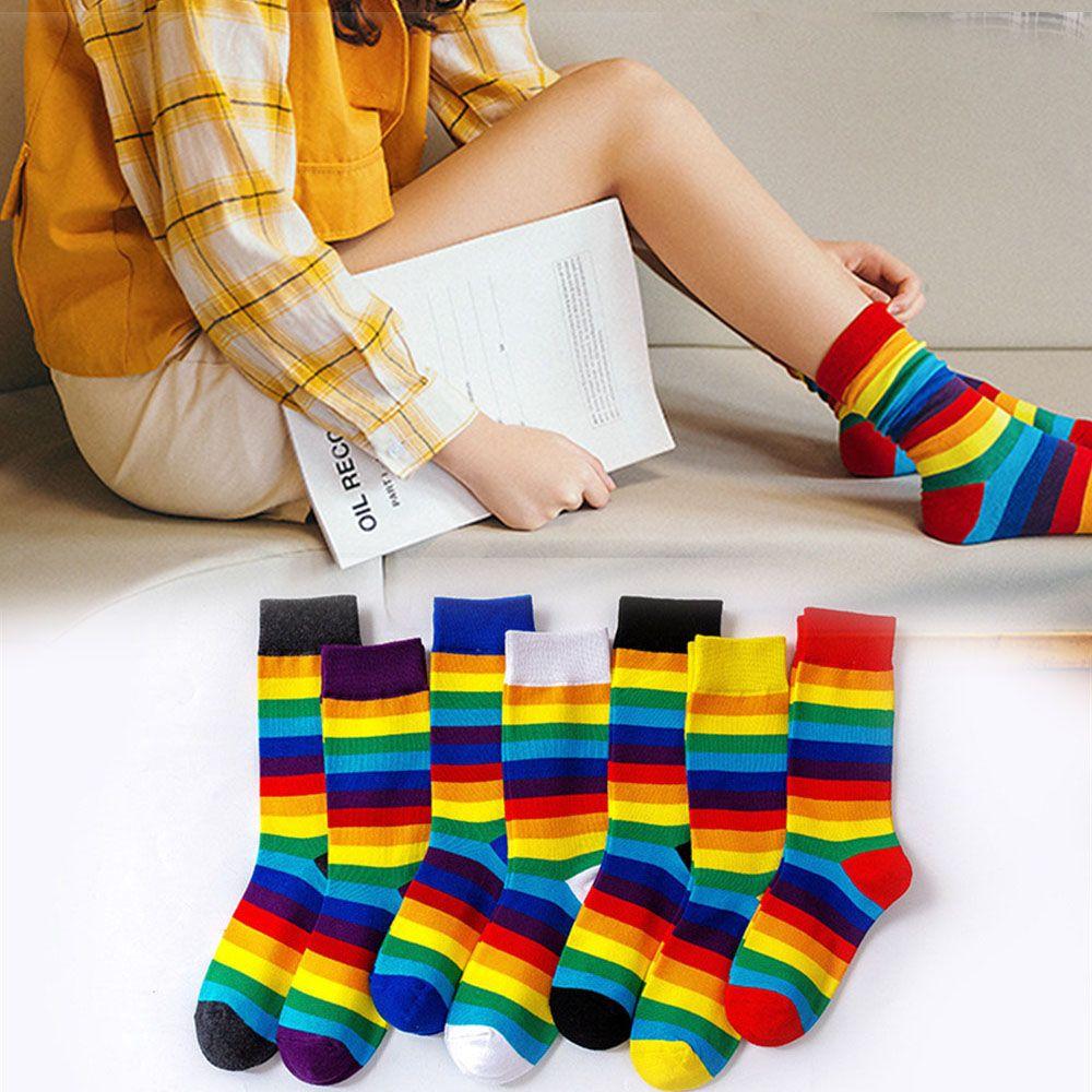 Street Skate Casual Sports Elasticity Sweat Retro Harajuku Long Sock Cotton Socks Rainbow Striped