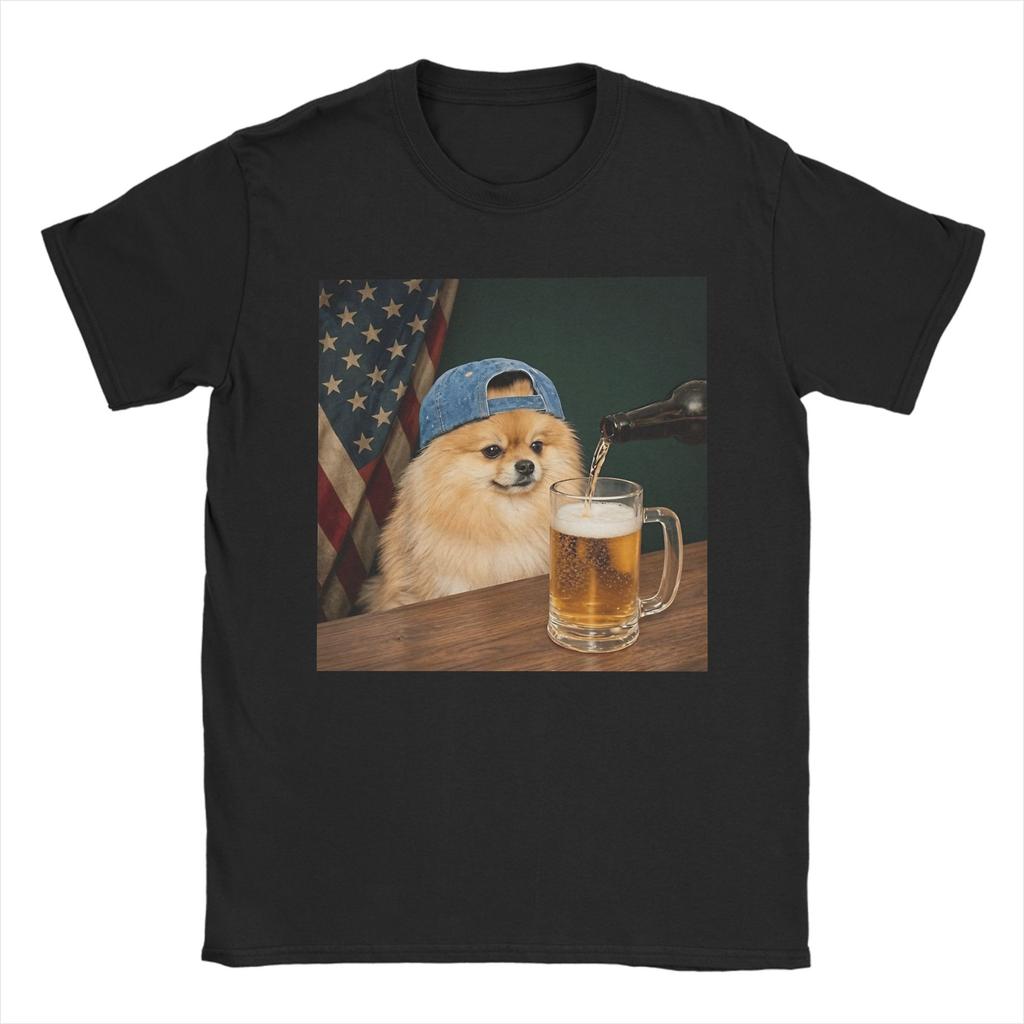Unisex Unisex Tshirt Funny Patriotic Pomeranian Dog Drinking Beer American Pure Cotton Tees T Shirts Crewneck Clothing Plus Size