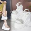 Women's Wedding Dress Shoes with Rhinestones Sandals 2025 New Summer Outerwear Height-increasing Thick-soled Wedge High Heels